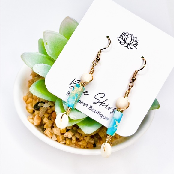 Aqua Imperial Jasper And Natural Wood Drop Earrings - Picture 6 of 8